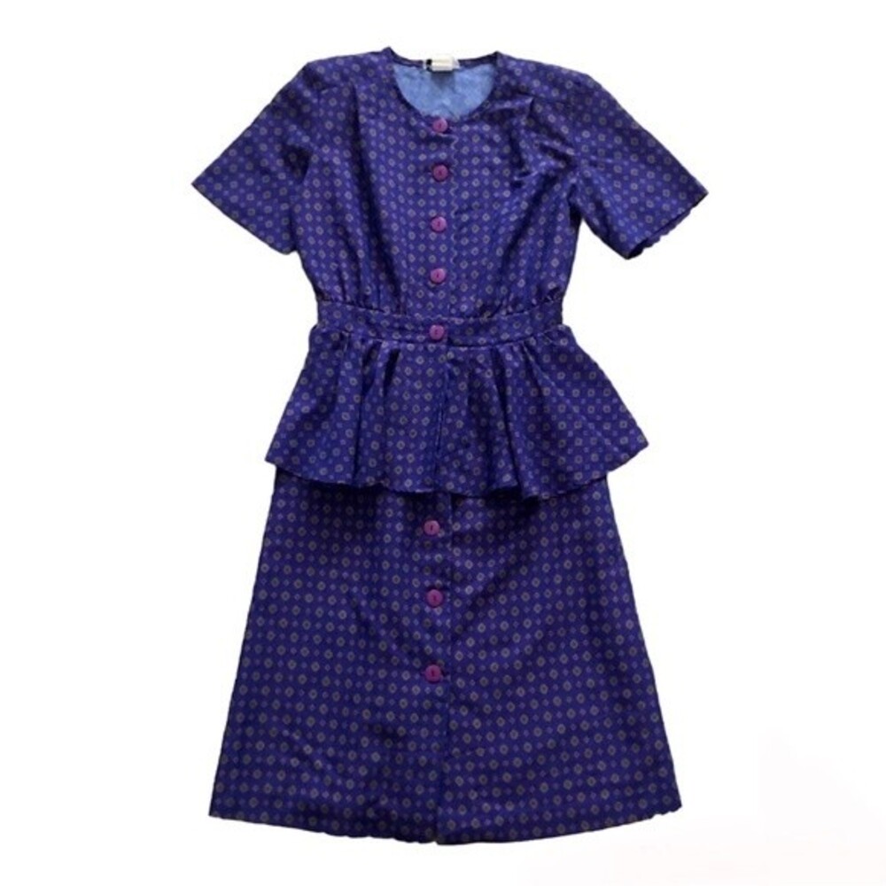 Vintage 80s Beverly Collection Diamond Printed Purple Peplum Midi Dress